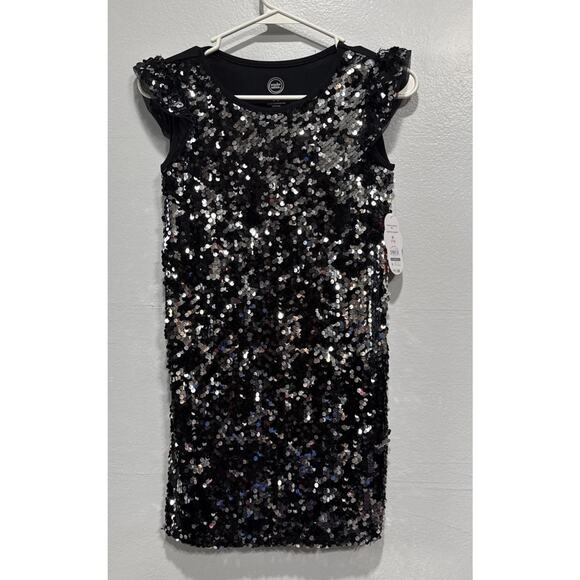 Wonder Nation Black Sequin Party Dress Girls Sz M (7-8) Cap Sleeve Mix Media - Picture 1 of 8